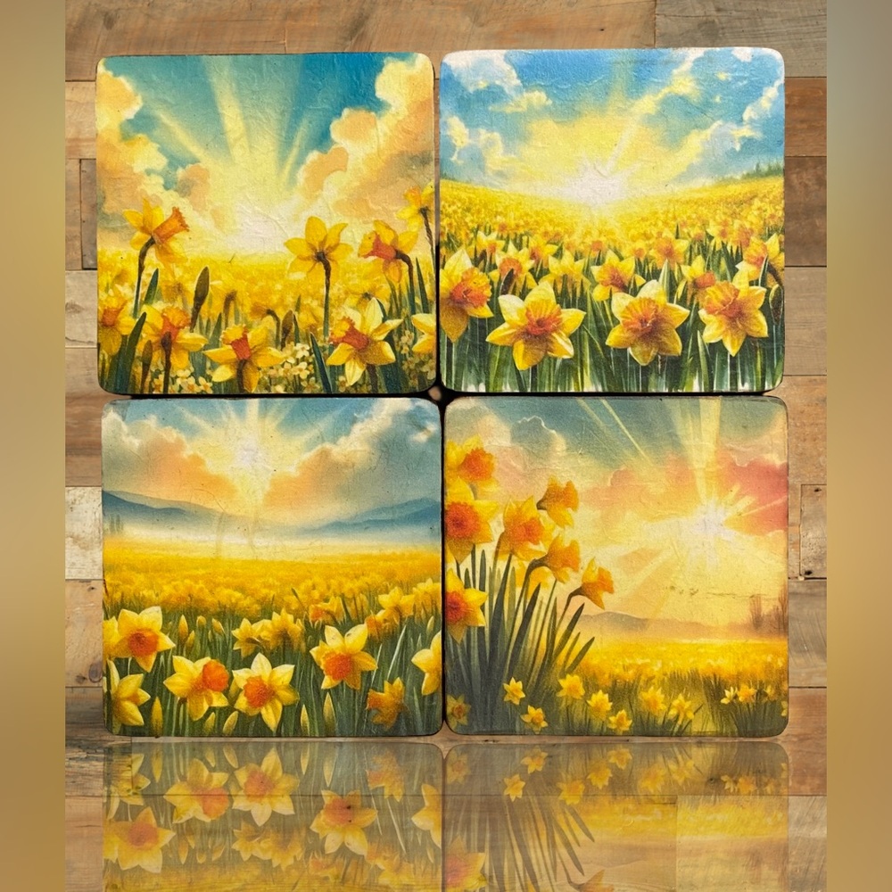 Handmade Spring Daffodil Meadow 4” Wood Coasters Set of 4 – Cottagecore Decor